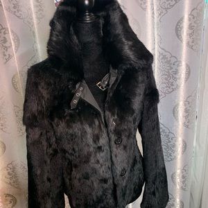 Black rabbit fur reversible jacket functional pockets in both sides